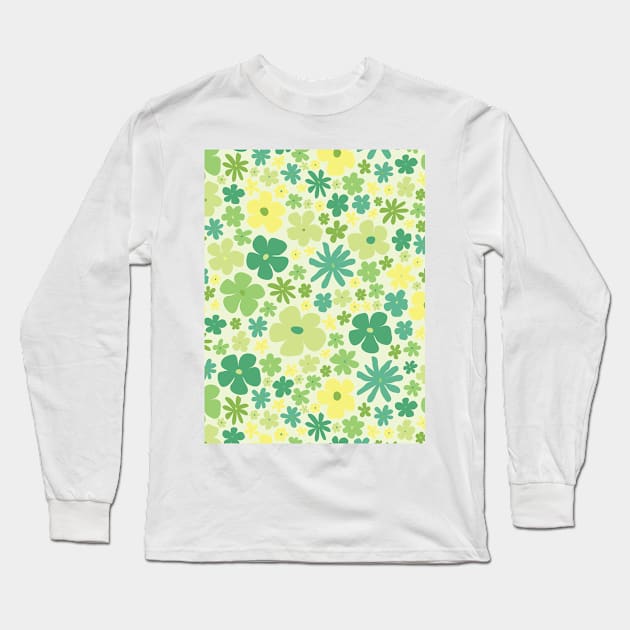 retro green florals, lime green, groovy 60s pattern, 70s flowers, green flowers, girly, for teen girl Long Sleeve T-Shirt by blomastudios